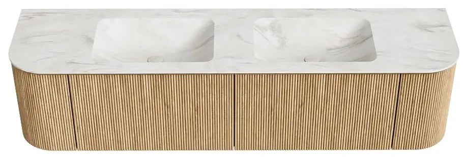 Mondiaz Kurve-dlux 180cm badmeubel ronding links/rechts oak met 2 lades en deuren en wastafel leaf dubbel 2 kraangaten ostra