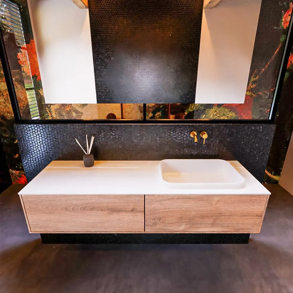 Mondiaz Erin 150cm badmeubel Washed Oak met 2 lades en witte wastafel rechts zonder kraangaten
