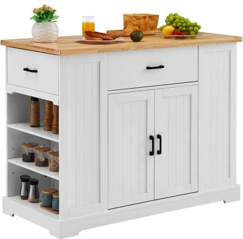 VEVOR Keukeneilandwagen, 117 cm Ontbijtbar met houten blad en opbergkast, Boerderijkeukentafel met verstelbare plank, lade, voor eetkamer, keuken en woonkamer, Wit