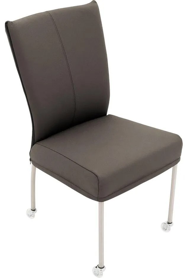 Goossens Eetkamerstoel Funk RVS Poten grijs leer leuning en Transparant skater wiel met rvs kapmet wielen, modern design