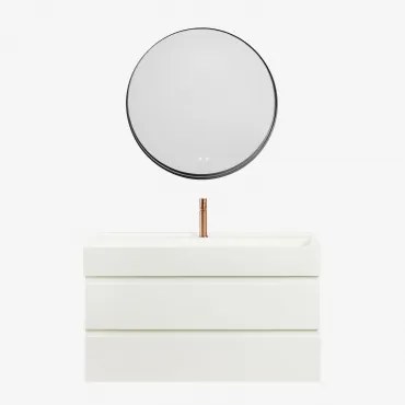 Ona Zwevend Badkamermeubelset Van Hout En Essenfineer Met Geïntegreerde Wastafel Wit & Round Led And Antifog Zwart Ø80 Cm - Sklum