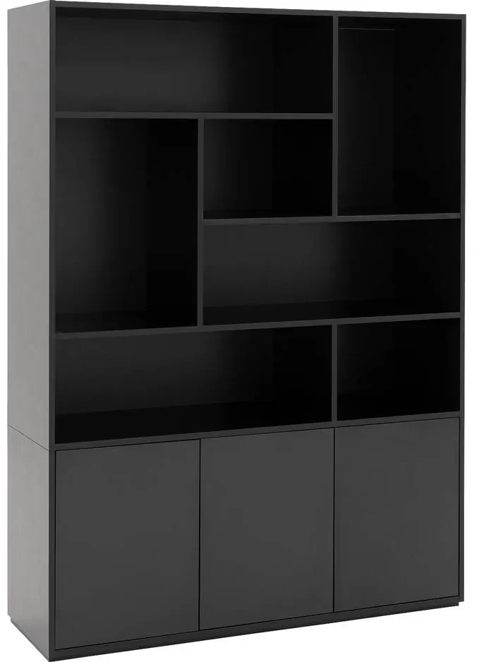 Goossens Basic Buffetkast Madrid, 3 dichte deuren 7 open vakken, zwart melamine, 139 x 191 x 45 cm, elegant chic