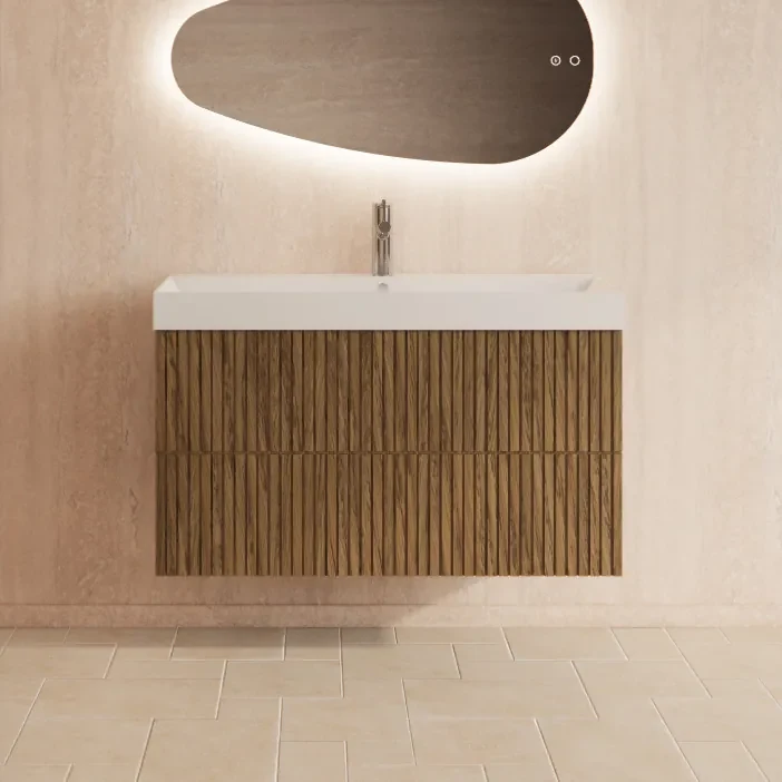 Gliss Design Hybris badmeubel met ribbelfront 100cm castle brown met glans witte wastafel met 2 kraangaten Lako