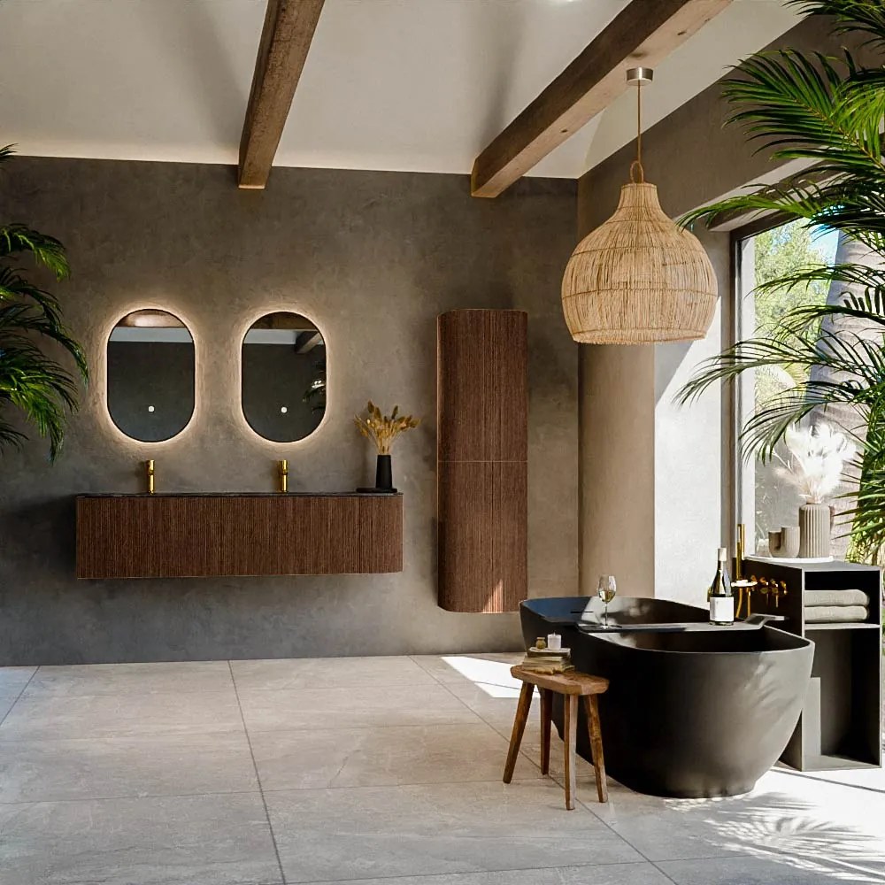 Mondiaz Kurve-dlux 165cm badmeubel ronding rechts walnut met 2 lades en 1 deur en wastafel stor small dubbel/links 2 kraangaten lava