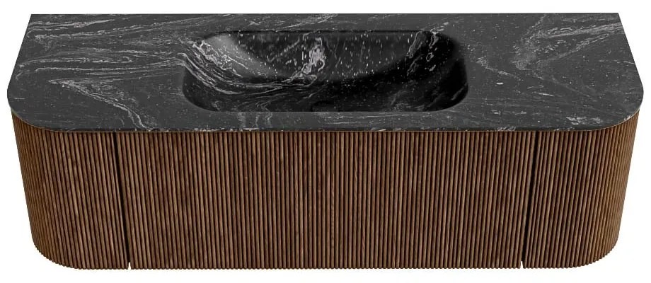 Mondiaz Kurve-dlux 140cm badmeubel ronding links/rechts walnut met 1 lade en 2 deuren en wastafel big small midden zonder kraangat lava