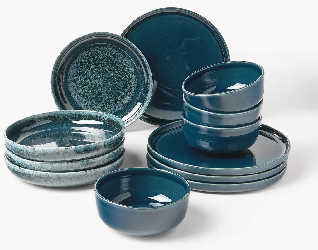 Handgemaakte serviesset Ethel met reactief glazuur, 4 personen (12-delig) BLAUW