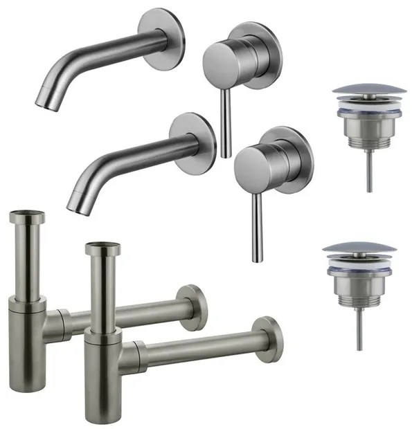 Fortifura Calvi Slim Wastafelkraanset - voor dubbele wastafel - inbouw wastafelkraan - always open plug - design sifon - Geborsteld RVS PVD (RVS) 2x SW377860/2x SW696207/2x SW696212