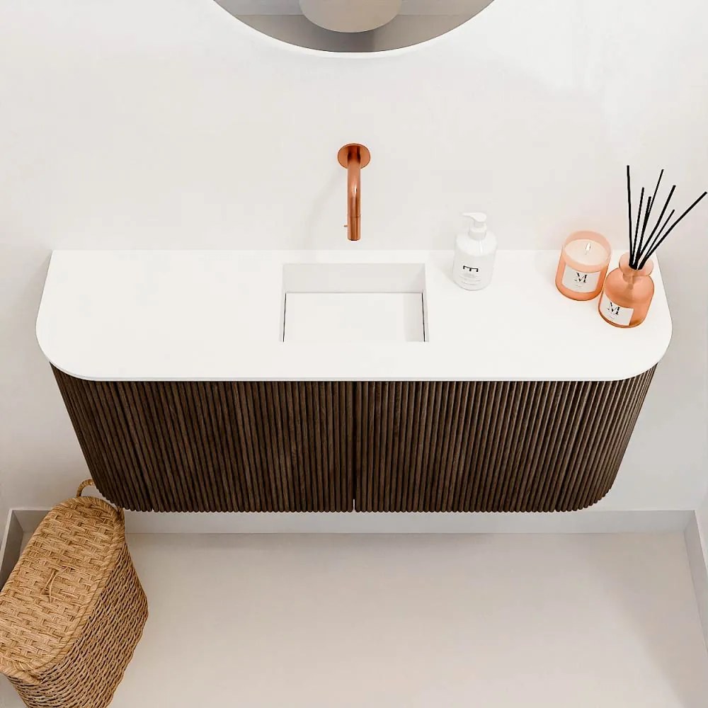Mondiaz Joya 95cm toiletmeubel ronding links/rechts walnut met wastafel faye midden zonder kraangat talc