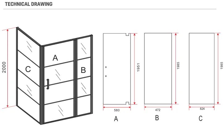 Sanigoods Icho douchecabine met rasters 120x90x200cm zwart mat