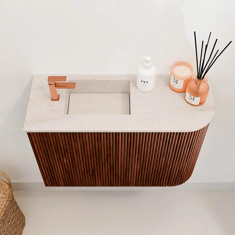 Mondiaz Joya DLux 60cm toiletmeubel ronding rechts ruby met wastafel faye links 1 kraangat meli