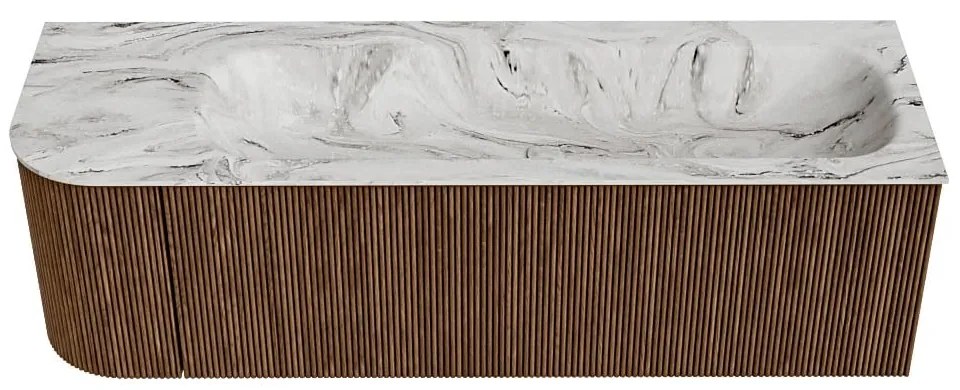 Mondiaz Kurve-dlux 145cm badmeubel ronding links walnut met 1 lade en deur en wastafel big large rechts zonder kraangat glace