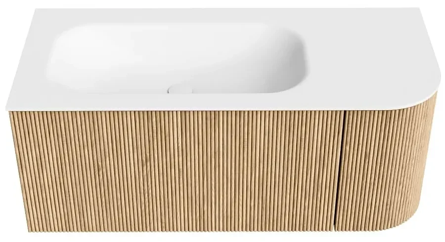 Mondiaz Kurve 105cm badmeubel ronding rechts oak met 1 lade en deur en wastafel big small links zonder kraangat