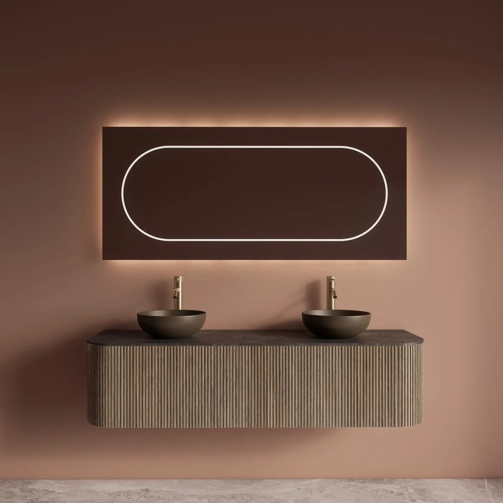 Gliss Design Alluro badmeubel ribbelfront met ronding links/rechts 160cm corn silk en zwart leisteen toppaneel