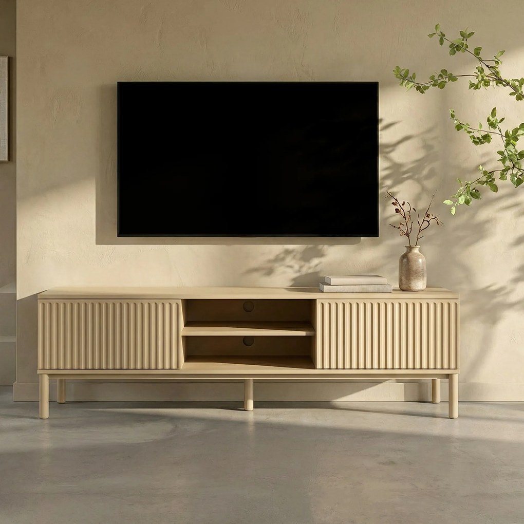 Mat Beige Tv-meubel Met Ribbels - 180x40x55cm.