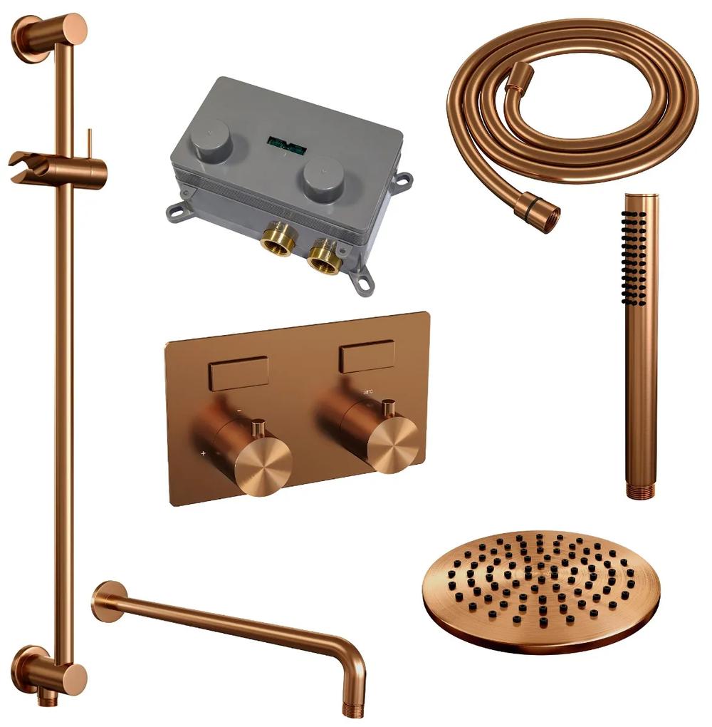 Brauer Copper Edition thermostatische inbouw regendouche met staafhanddouche, gebogen muurarm, glijstang en hoofddouche 20cm set 63 koper geborsteld PVD