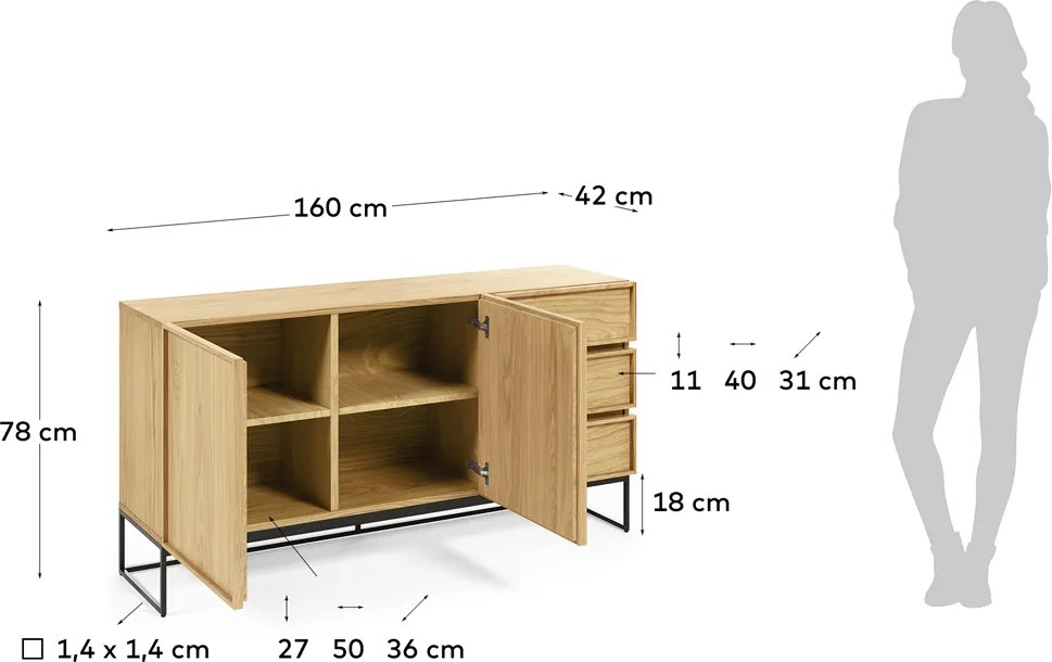 Eiken Dressoir Met Metalen Frame - 160x42x78cm.