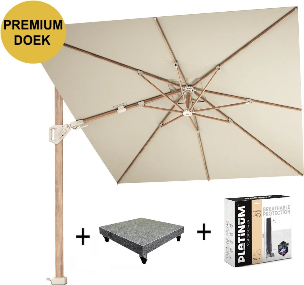 Challenger T2 premium parasol 350x260 cm teak champagne met 90KG voet en hoes