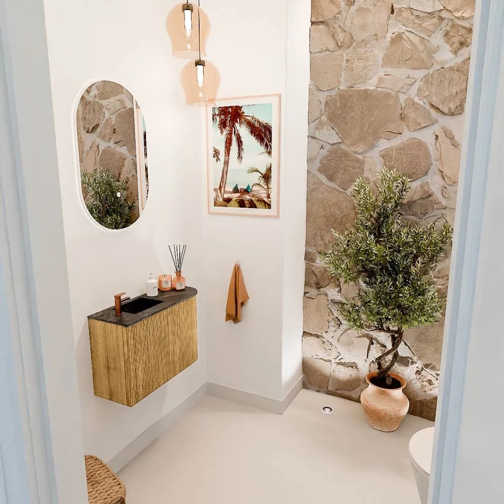 Mondiaz Joya DLux 60cm toiletmeubel ronding rechts oak met wastafel faye links 1 kraangat lava