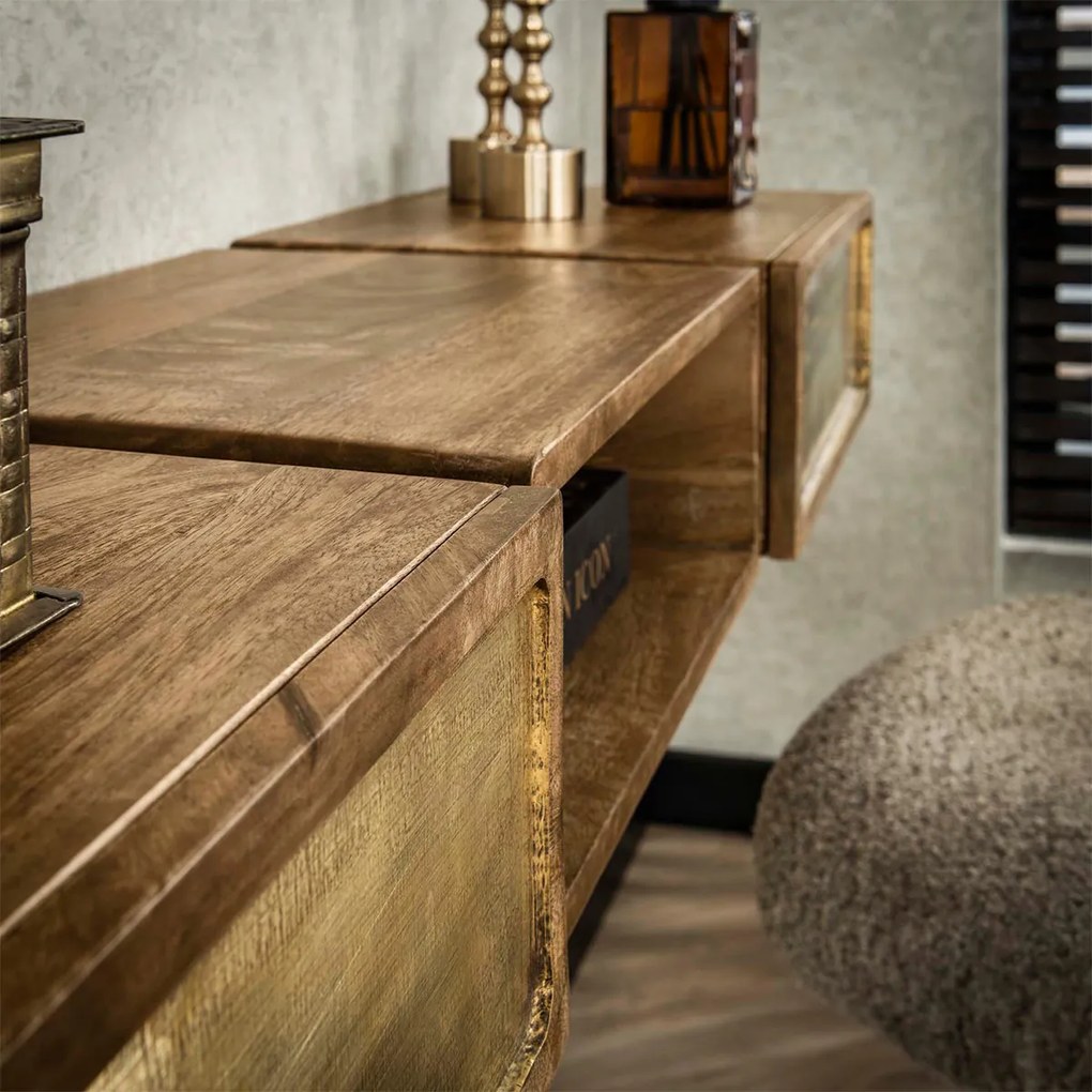 Zwevende Sidetable Mangohout En Goud - 123 X 30cm.