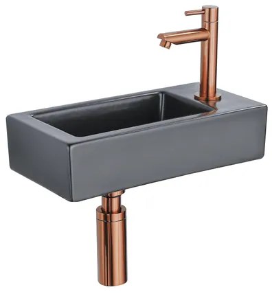 QeramiQ Fuente Fonteinset - 37.5x18.5x9cm - keramiek - kraangat rechts - fonteinkraan geborsteld koper - afvoerplug - verlaagd sifon - Mat Zwart SW1122447/SW799405/SW799403/SW970033