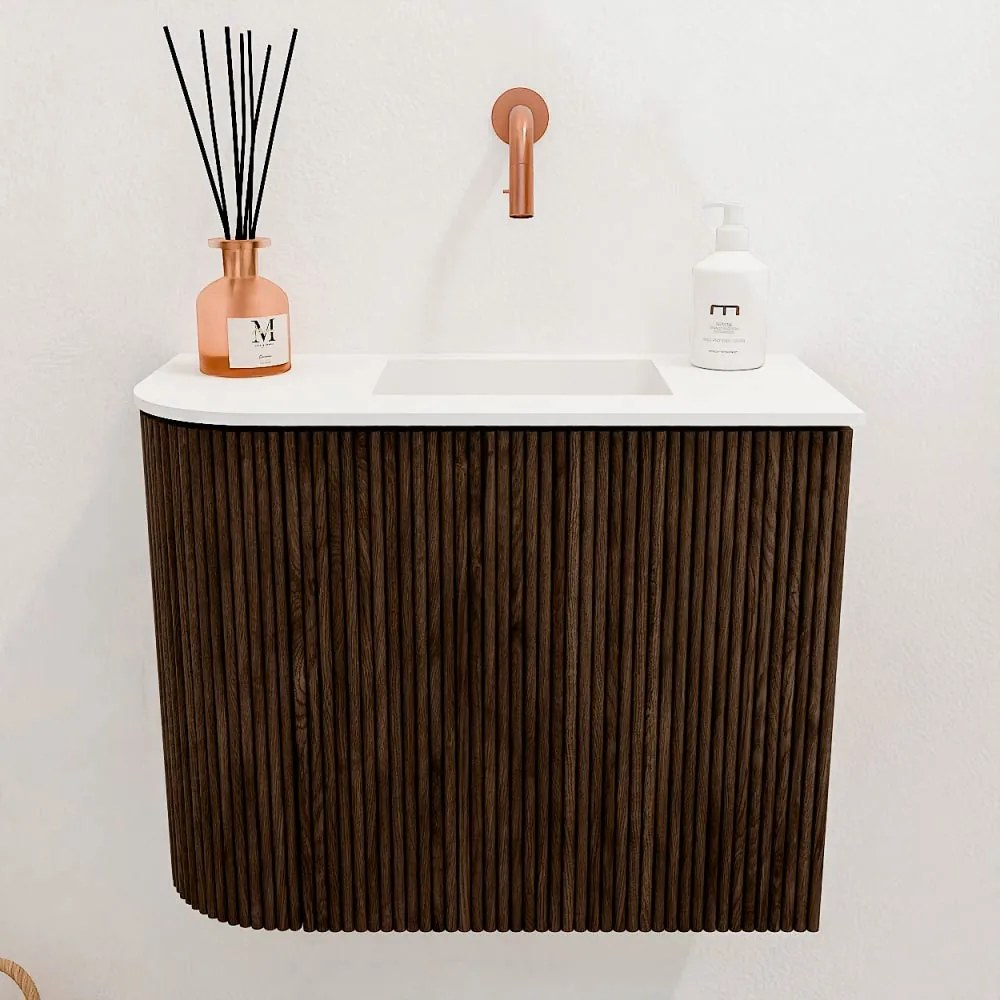 Mondiaz Joya 50cm toiletmeubel ronding links walnut met wastafel faye rechts zonder kraangat talc