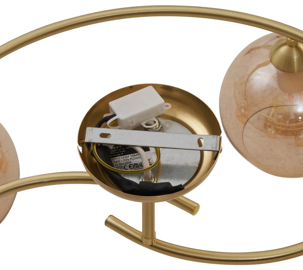 Moderne plafondlamp messing met amber glas 4-lichts - Alanis