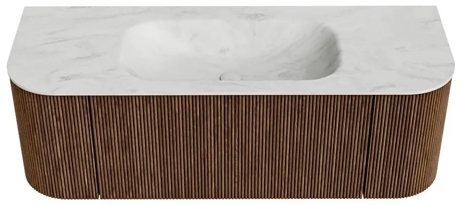 Mondiaz Kurve-dlux 130cm badmeubel ronding links/rechts walnut met 1 lade en 2 deuren en wastafel big small midden 1 kraangat opalo