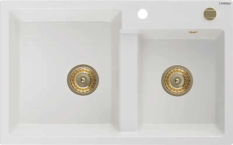 Mexen Tomas granieten gootsteen 2-kamers 800 x 500 mm, wit, gouden sifon - 6516802000-20-G