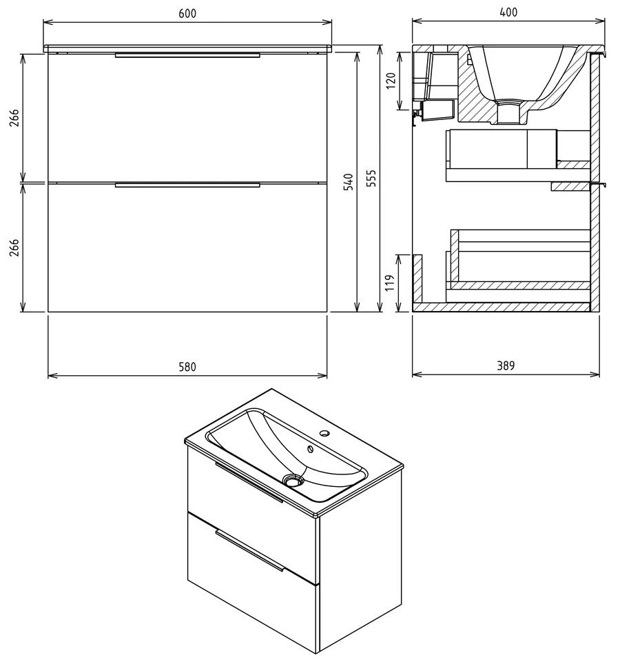 Sapho Cirasa Compact badmeubel 60cm donkerbruin eiken met witte wastafel