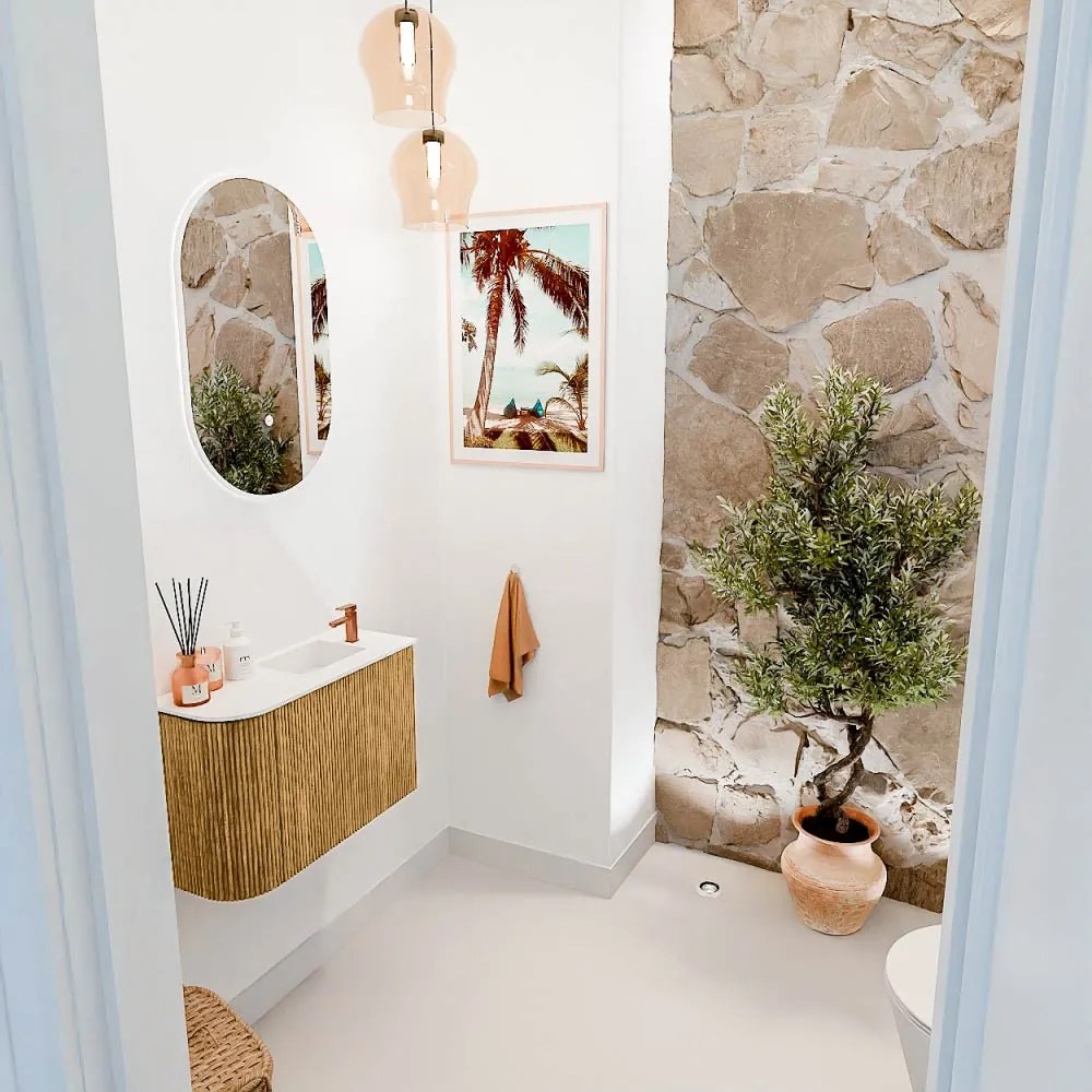 Mondiaz Joya 60cm toiletmeubel ronding links oak met wastafel faye rechts 1 kraangat talc