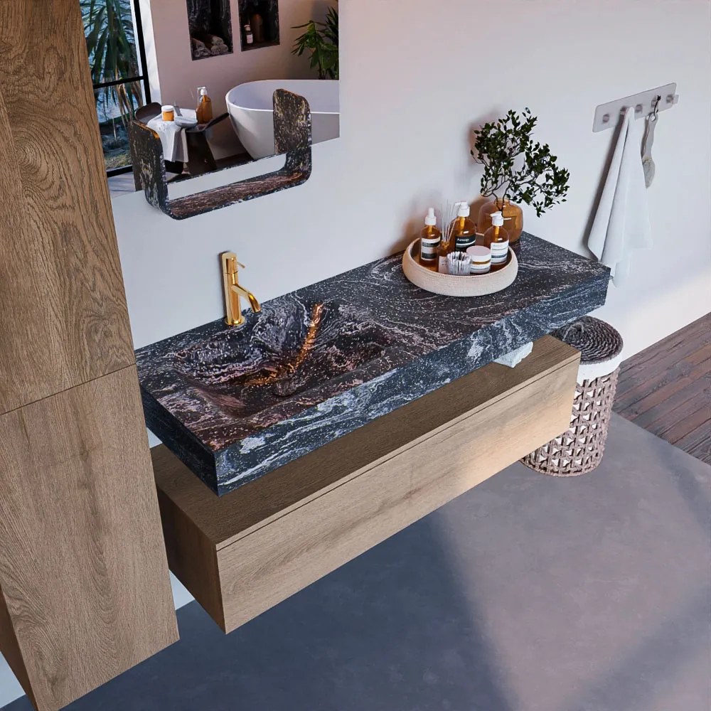 Mondiaz Alan DLux badmeubel 130cm washed oak 1 lade met wastafel lava links 1 kraangat