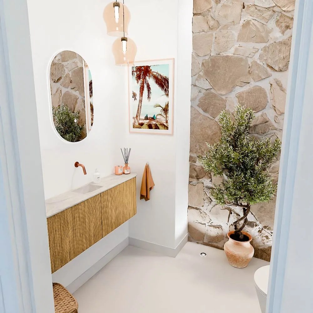 Mondiaz Joya DLux 125cm toiletmeubel ronding links/rechts oak met wastafel faye midden zonder kraangat ostra