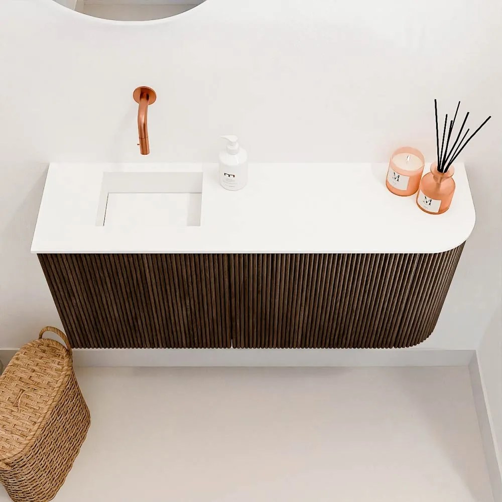 Mondiaz Joya 90cm toiletmeubel ronding rechts walnut met wastafel faye links zonder kraangat talc