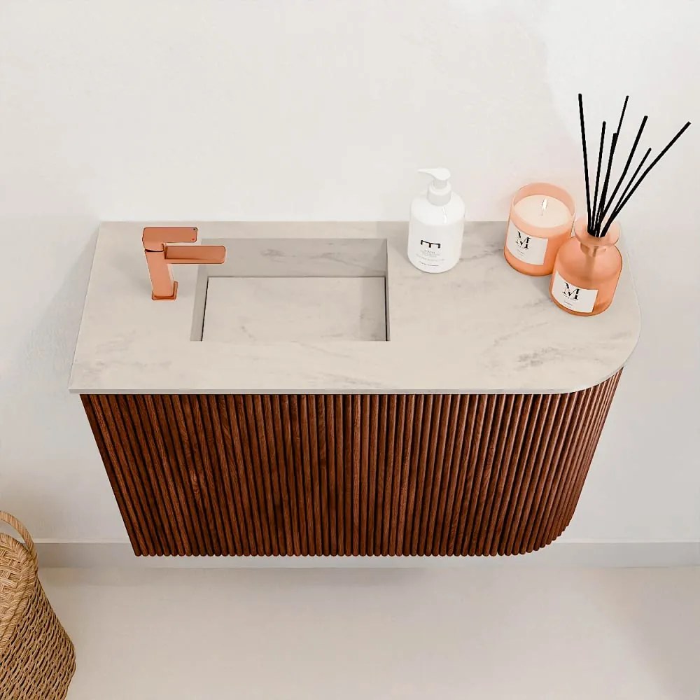Mondiaz Joya DLux 60cm toiletmeubel ronding rechts ruby met wastafel faye links 1 kraangat opalo
