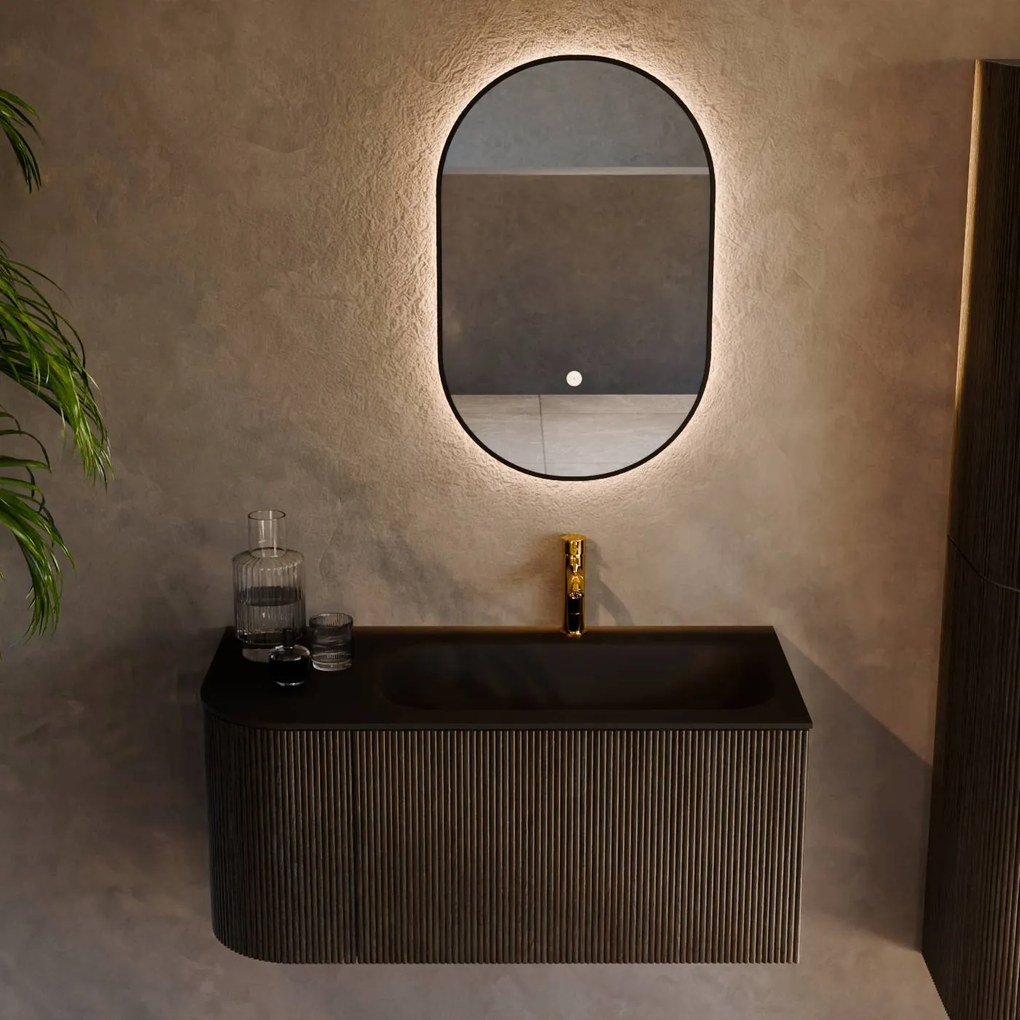 Mondiaz Kurve 95cm badmeubel ronding links shadow met 1 lade en deur en wastafel big small kraangat rechts urban