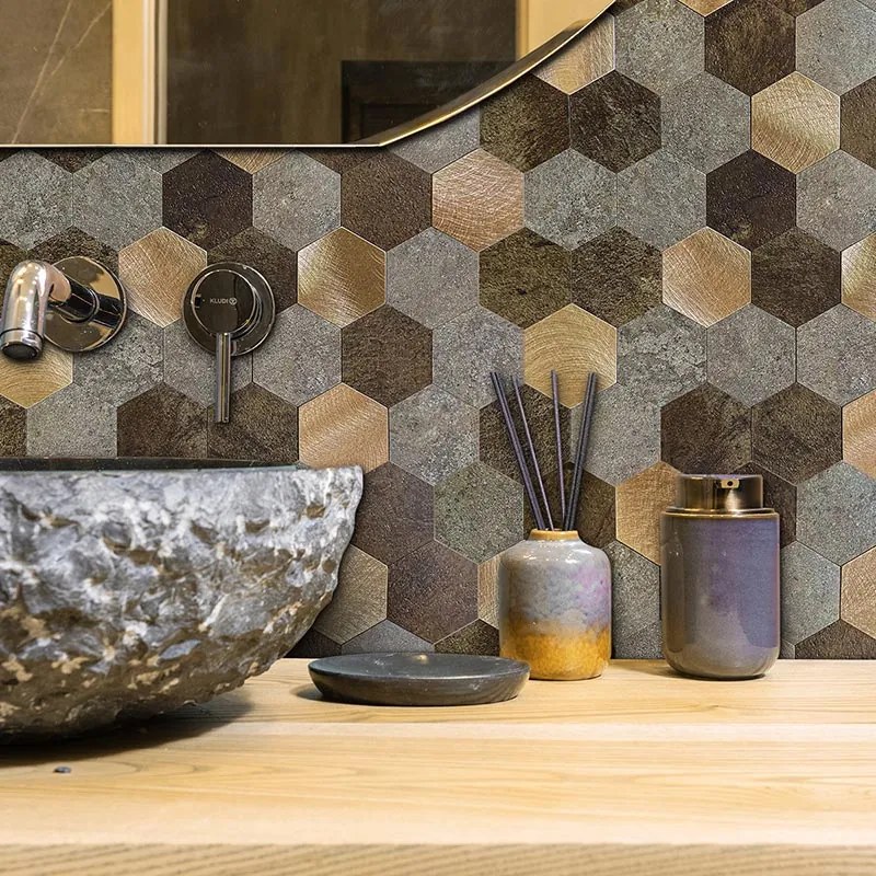 Zelfklevend Mozaïek Hexagon Koper - 29.5 cm x 29.5 cm x 0.4 cm | 0.5 kg | Paneli zelfklevende steenstrips