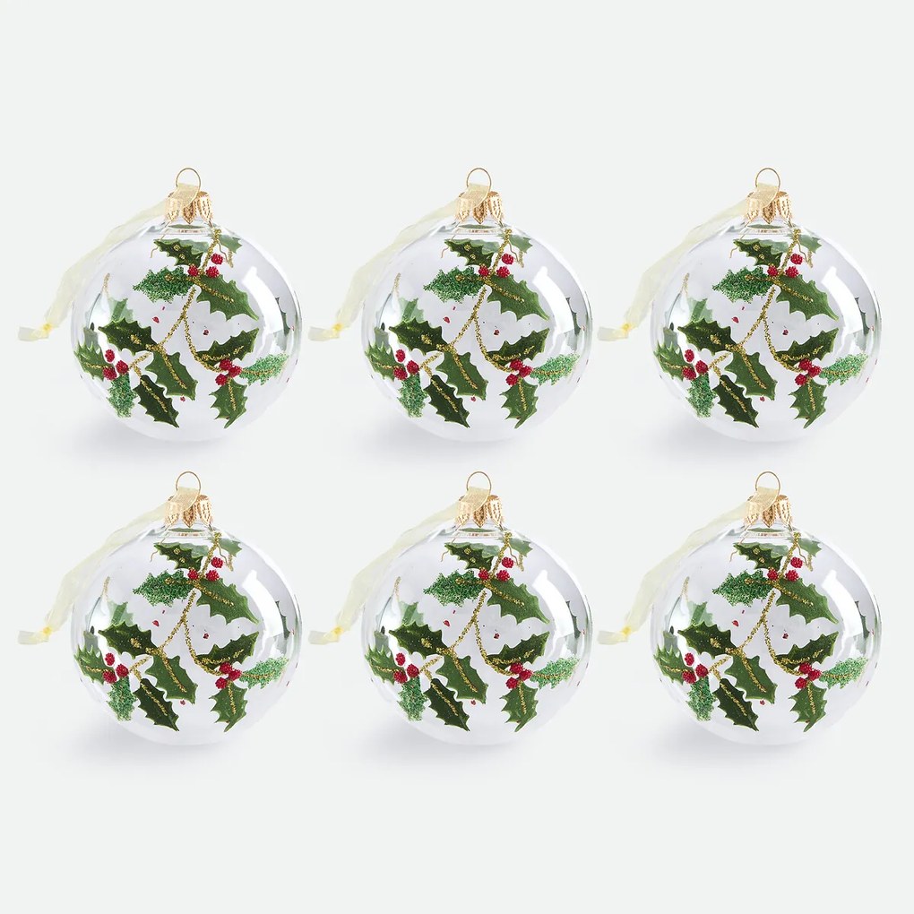 Set van 6 glazen kerstballen met hulstmotief, CASPAR