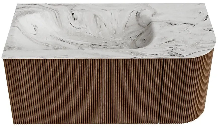 Mondiaz Kurve-dlux 95cm badmeubel ronding rechts walnut met 1 lade en deur en wastafel big small kraangat links glace