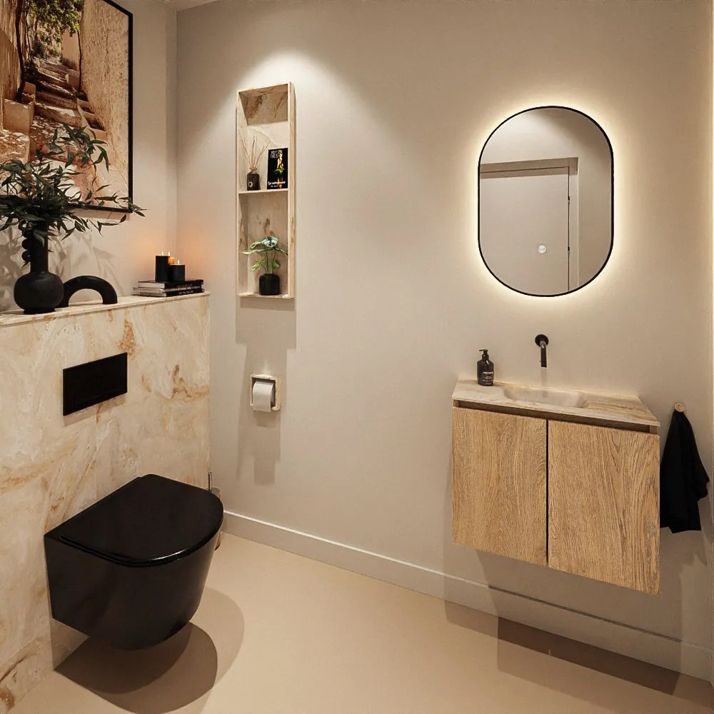 Mondiaz Ture DLux toiletmeubel 60cm washed oak met wastafel frappe midden zonder kraangat