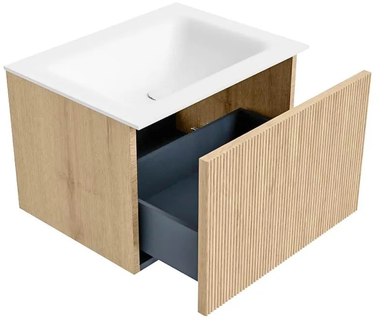 Mondiaz Kurve 60cm badmeubel oak met 1 lade en wastafel cloud midden zonder kraangat