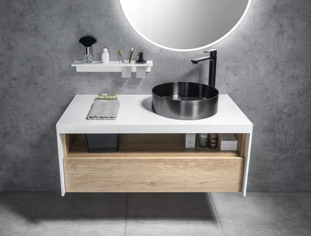 Sapho Abeline rockstone plank met glas en zwarte zeepdispenser 80cm wit