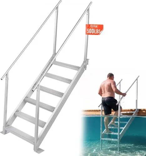 VEVOR 6-traps zwemtrap met twee leuningen, bootladder 800x1850x2092mm, zwembadladder van aluminiumlegering, trapladder belastbaar tot 250kg, 10cm pedalen, ideaal voor havens, boten, zwembaden