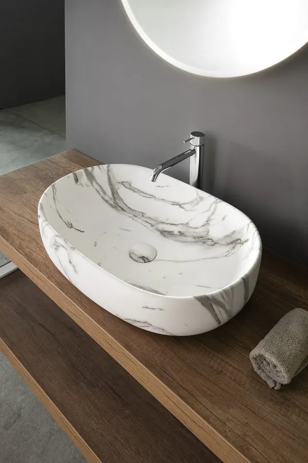 Sapho Rondane keramische waskom 60x42cm wit marmer