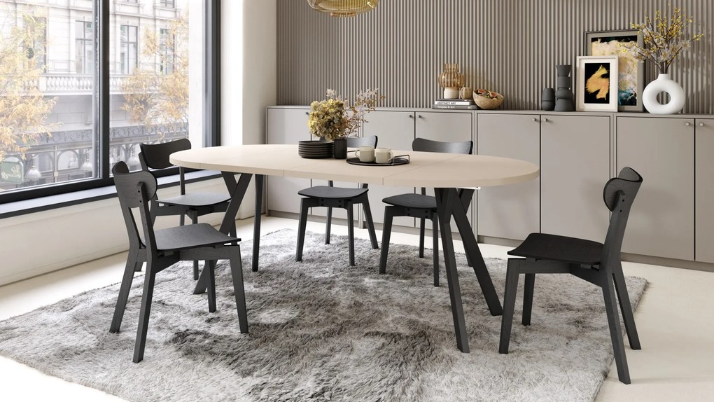 ALDO 100 Beige/Zwarte poten - RONDE LOFT/INDUSTRIËLE TAFEL VOOR WOONKAMER/EETKAMER, UITSCHUIFBAAR
