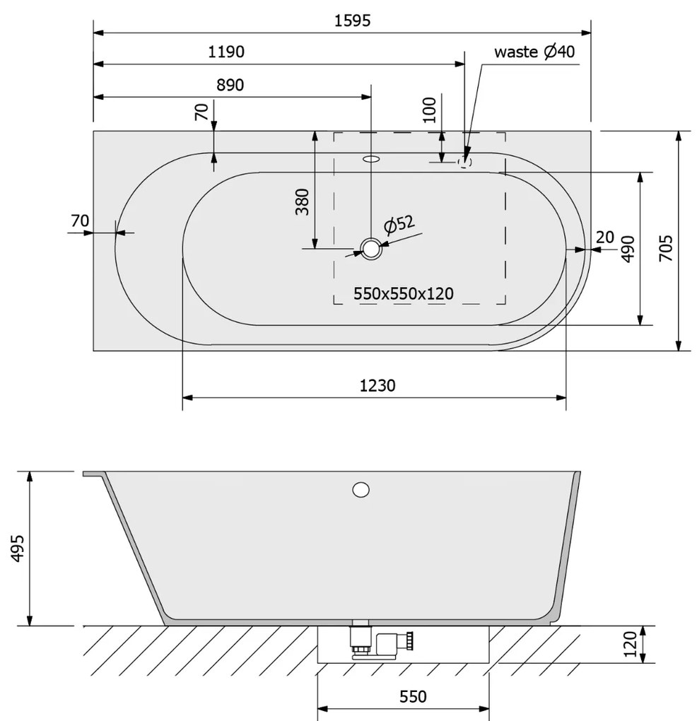 Polysan Sussi halfvrijstaand bad links mineraalmarmer 160x70cm antraciet mat