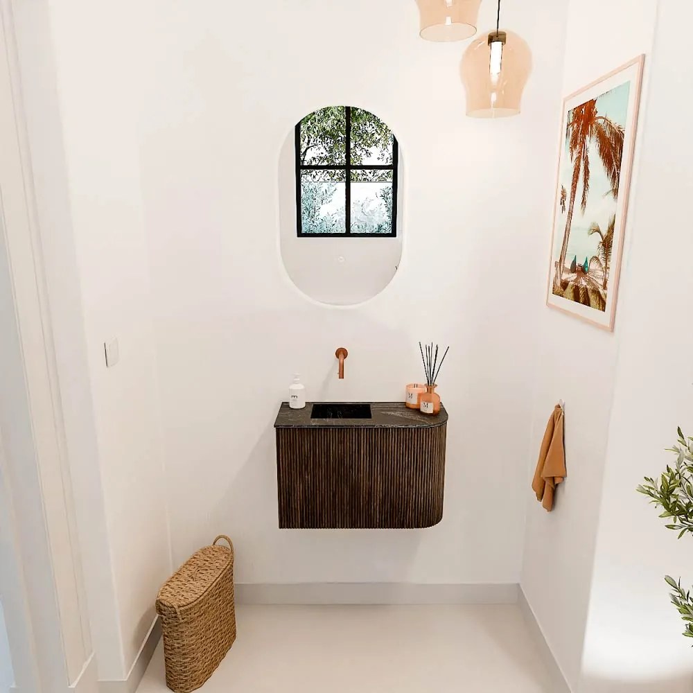 Mondiaz Joya DLux 60cm toiletmeubel ronding rechts walnut met wastafel faye links zonder kraangat lava