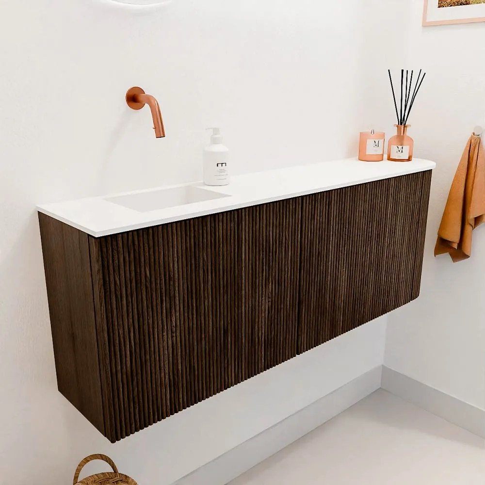 Mondiaz Joya 110cm toiletmeubel ronding rechts walnut met wastafel faye links zonder kraangat talc