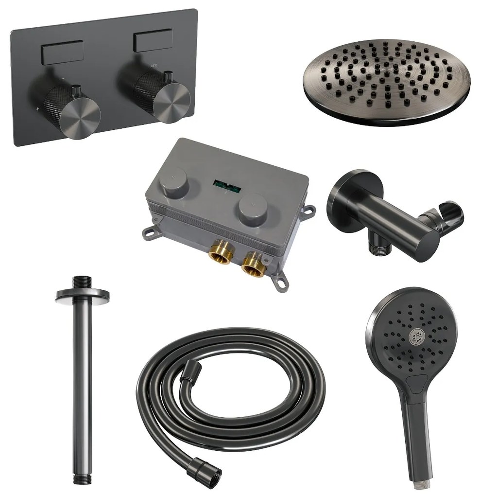 Brauer Gunmetal Carving thermostatische inbouw regendouche met 3 standen handdouche, plafondarm en hoofddouche 20cm set 59 gunmetal geborsteld PVD