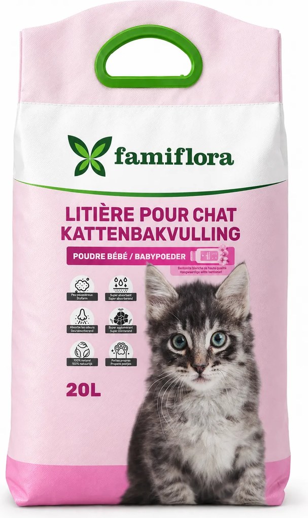 Famiflora kattenbakvulling babypoeder 20L – Super klonterend - Stofarm - Propere pootjes