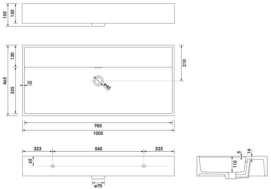 Brauer Lunar wastafel keramiek 100cm zonder kraangat zwart mat